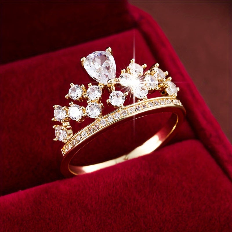 Elegant Ring Glittrande Krondesign Stenlagd Glänsande Zirconia Välj En Färg U Föredrar Matcha Dagliga Outfits Festtillbehör Present Till Din Drottning