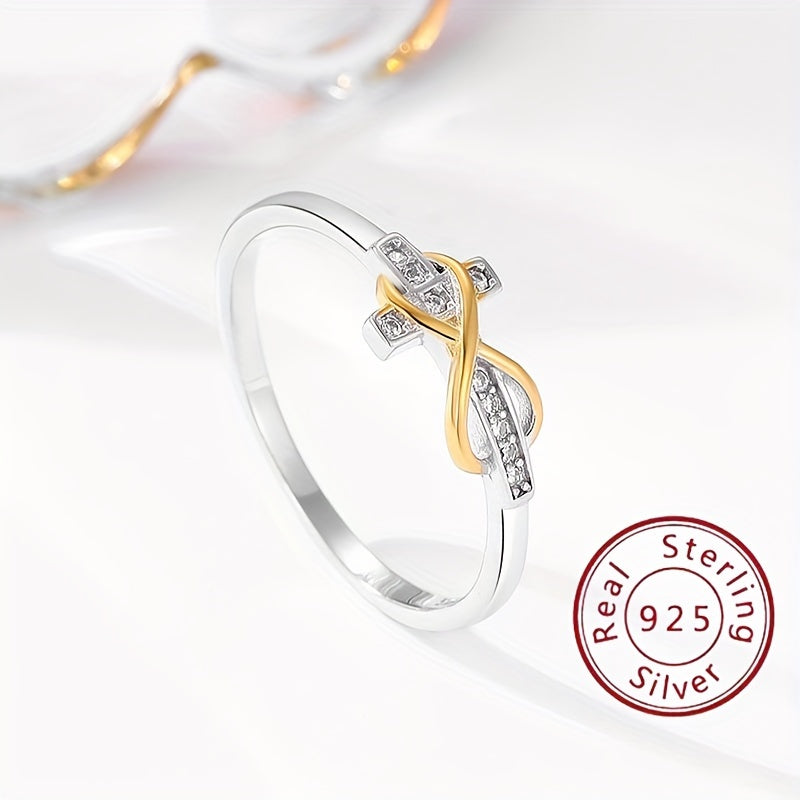 925 Sterling Silver Ring Trendig Infinity + Cross Design 14k Guldpläterad Asfalterad Glänsande Zirconia Smycken Av Hög Kvalitet Perfekt Alla Hjärtans Dag-present Till Henne