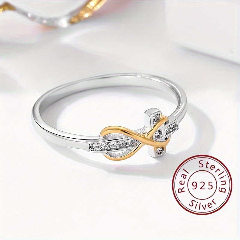 925 Sterling Silver Ring Trendig Infinity + Cross Design 14k Guldpläterad Asfalterad Glänsande Zirconia Smycken Av Hög Kvalitet Perfekt Alla Hjärtans Dag-present Till Henne