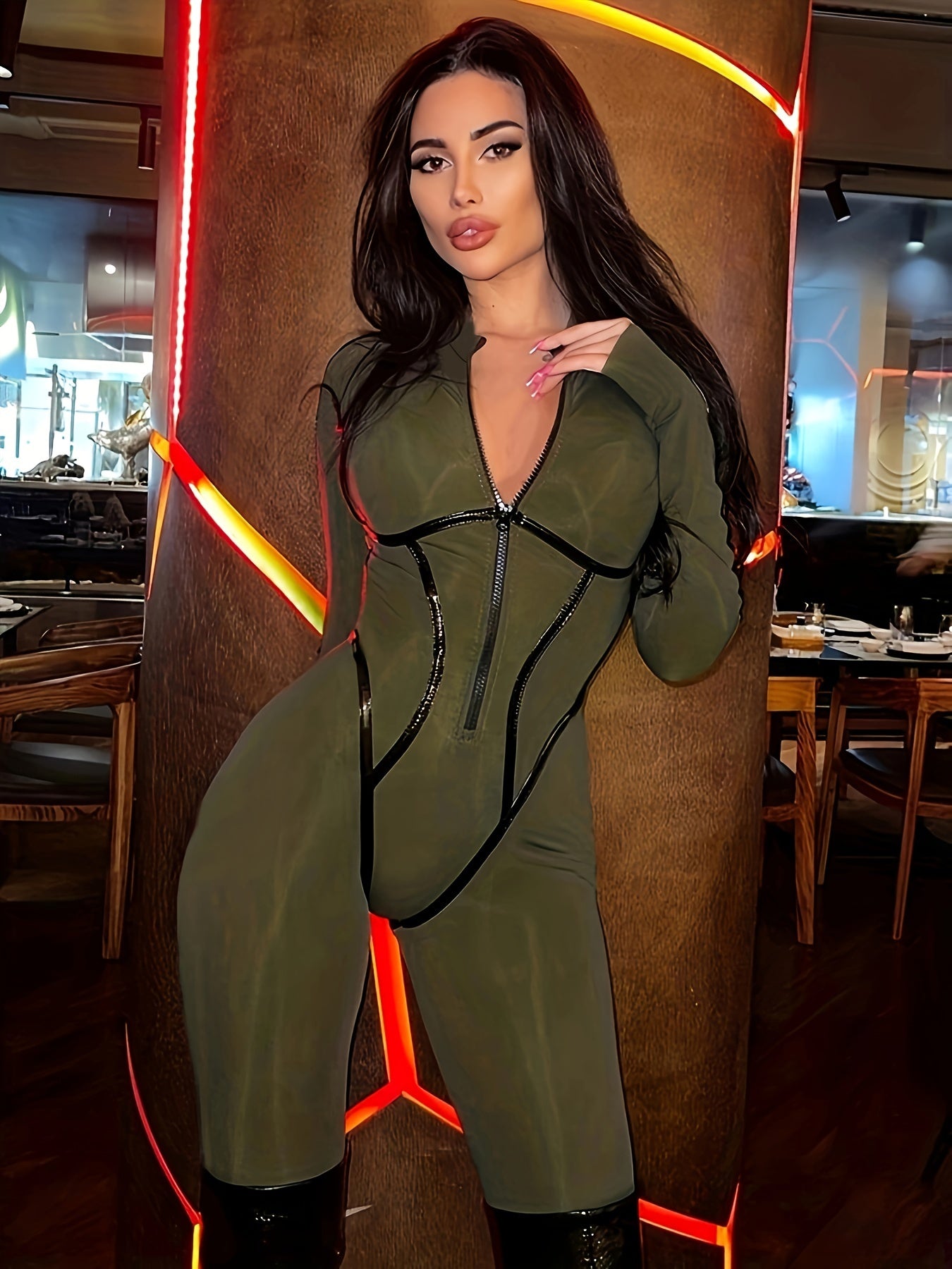 Solid Zip Up Jumpsuit, Casual Bodycon Långärmad Jumpsuit, Damkläder