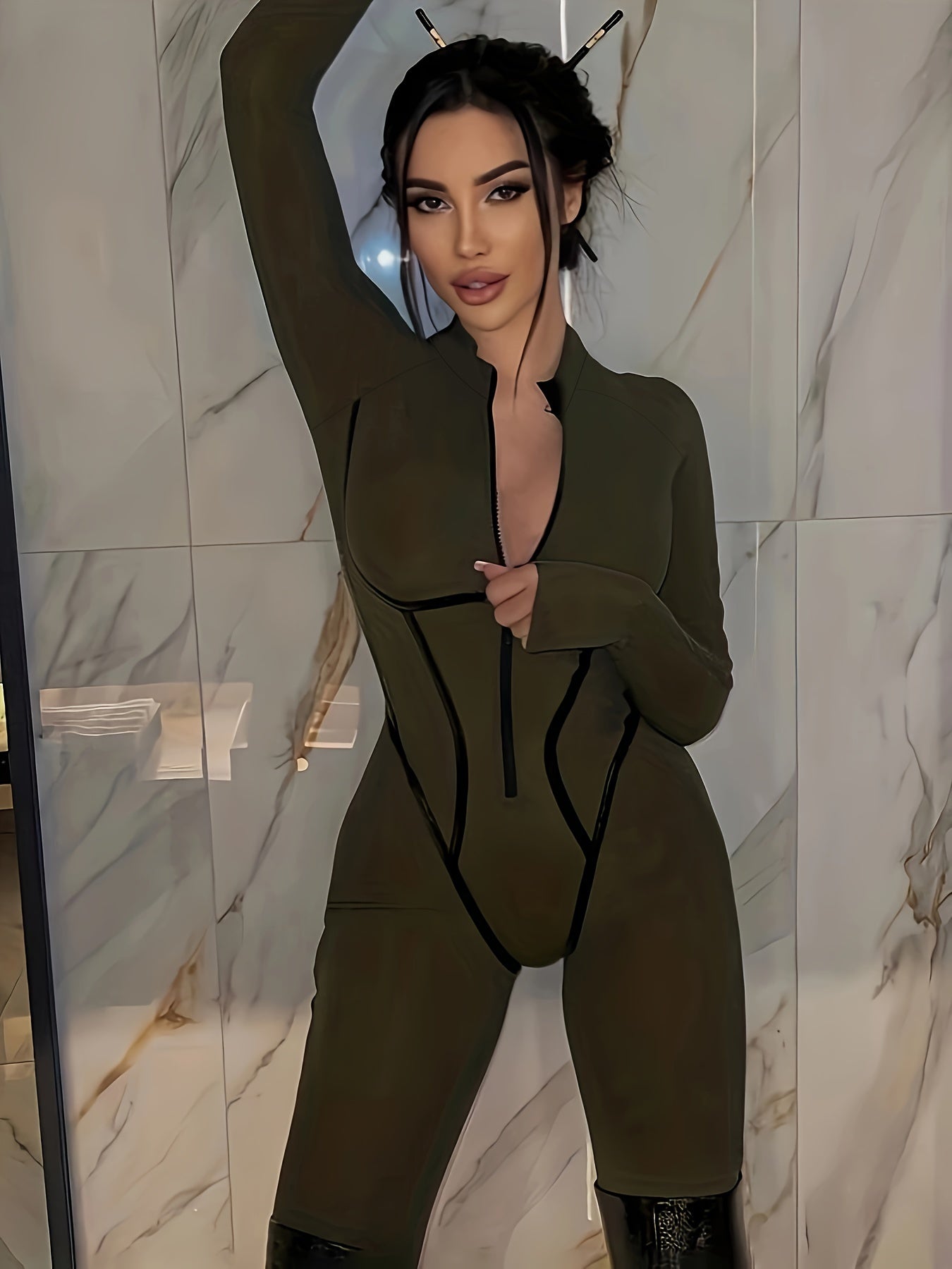 Solid Zip Up Jumpsuit, Casual Bodycon Långärmad Jumpsuit, Damkläder
