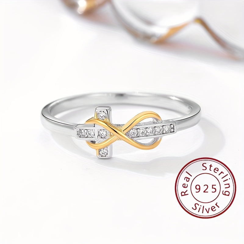 925 Sterling Silver Ring Trendig Infinity + Cross Design 14k Guldpläterad Asfalterad Glänsande Zirconia Smycken Av Hög Kvalitet Perfekt Alla Hjärtans Dag-present Till Henne