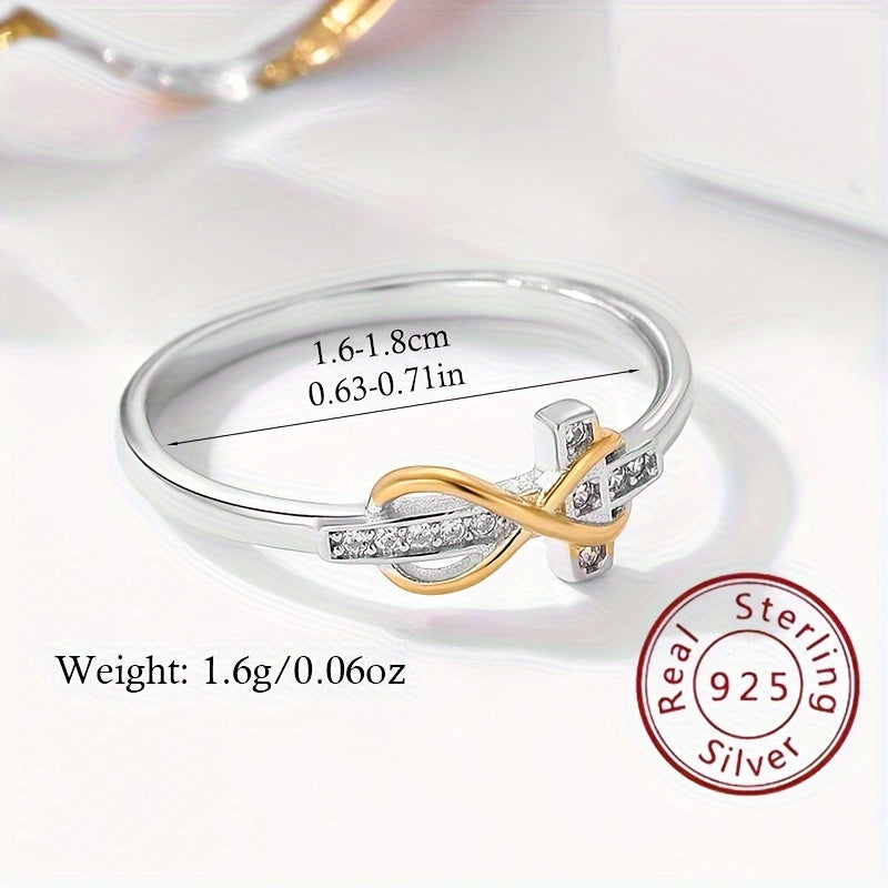 925 Sterling Silver Ring Trendig Infinity + Cross Design 14k Guldpläterad Asfalterad Glänsande Zirconia Smycken Av Hög Kvalitet Perfekt Alla Hjärtans Dag-present Till Henne