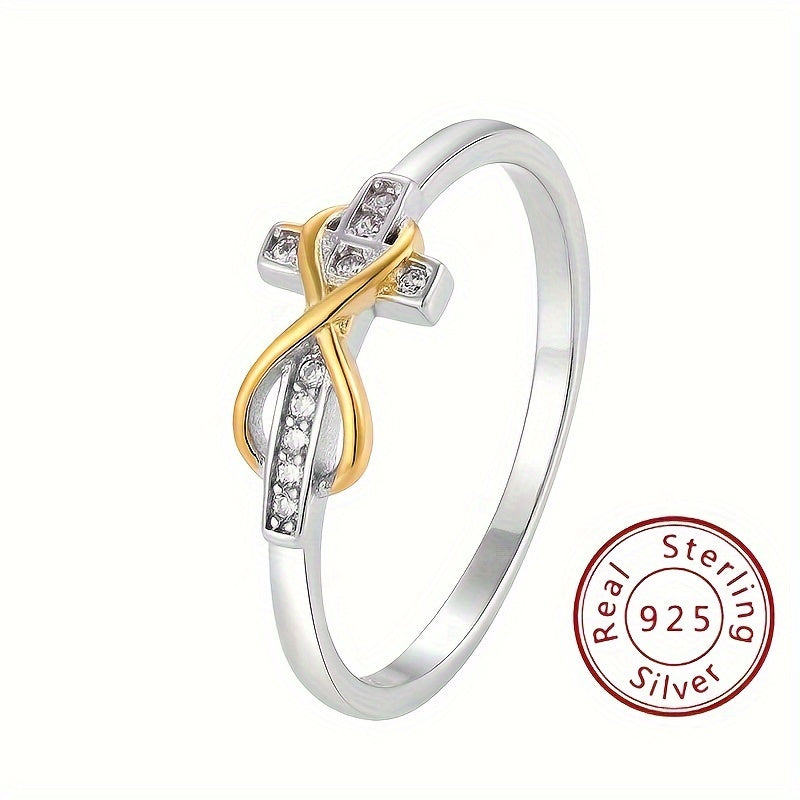 925 Sterling Silver Ring Trendig Infinity + Cross Design 14k Guldpläterad Asfalterad Glänsande Zirconia Smycken Av Hög Kvalitet Perfekt Alla Hjärtans Dag-present Till Henne