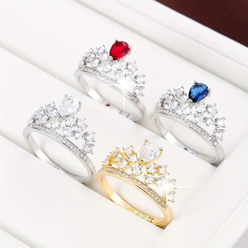 Elegant Ring Glittrande Krondesign Stenlagd Glänsande Zirconia Välj En Färg U Föredrar Matcha Dagliga Outfits Festtillbehör Present Till Din Drottning