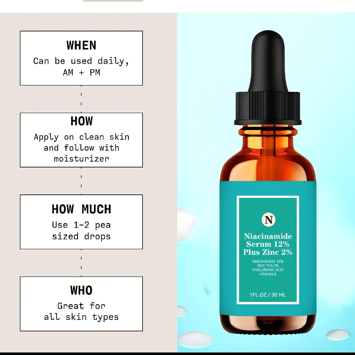 Niacinamid Serum 12% Plus Zink 2% Med Hyaluronsyra & Vitamin E, 1 Fl. Oz./30ml - Avancerad hudvårdslösning för strålande och ungdomlig hud