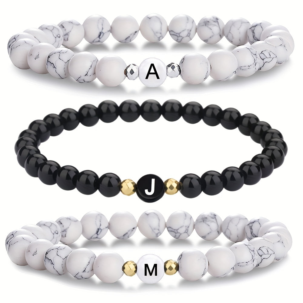 Parsmycke Initialt Armband 26 Bokstäver Vit Turkos Svart Onyx Pärlarmband Presenter Till Bästa Vän Och Par