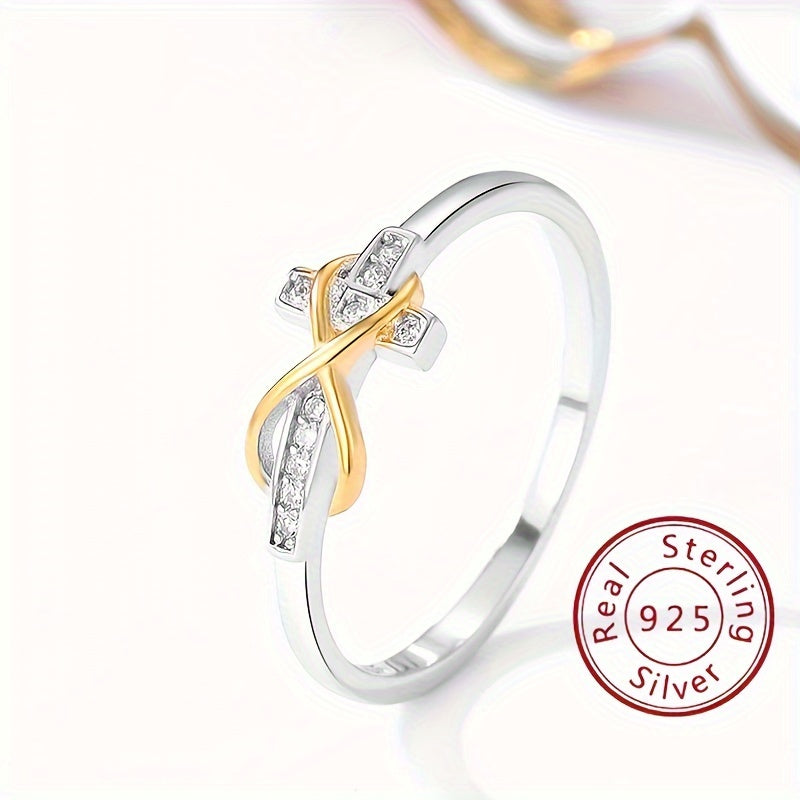 925 Sterling Silver Ring Trendig Infinity + Cross Design 14k Guldpläterad Asfalterad Glänsande Zirconia Smycken Av Hög Kvalitet Perfekt Alla Hjärtans Dag-present Till Henne