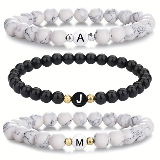 Parsmycke Initialt Armband 26 Bokstäver Vit Turkos Svart Onyx Pärlarmband Presenter Till Bästa Vän Och Par