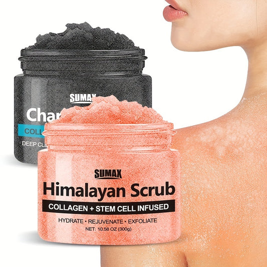 Uppiggande Himalayasalt och kolexfolierande kroppsskrubb, dubbelfunktionsskrubb med närande oljor, kollagen, eterisk olja av litchi och stamcellsteknologi för helkroppsvård - perfekt för ben, lår, rumpa och hudförnyelse 300 g