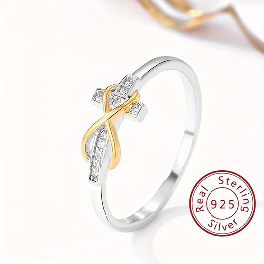 925 Sterling Silver Ring Trendig Infinity + Cross Design 14k Guldpläterad Asfalterad Glänsande Zirconia Smycken Av Hög Kvalitet Perfekt Alla Hjärtans Dag-present Till Henne